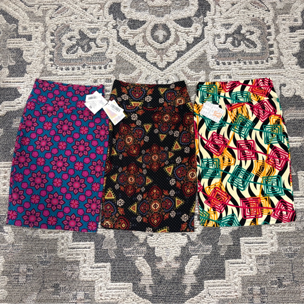LuLaRoe Vibrant Floral and Geometric Pencil Skirt Trio